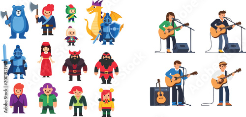 Fantasy game characters and musicians set with warriors dragon and guitar players cartoon vector illustration collection isolated on white background