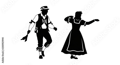 Traditional Dancing Couple Silhouette in Folk Attire.