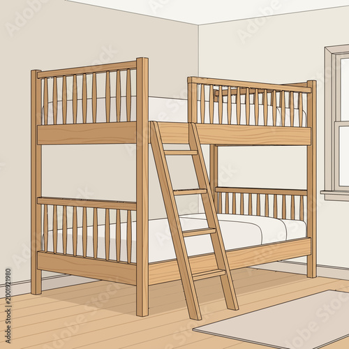 Modern Wooden Bunk Bed Illustration with Ladder for Children's Bedroom Interior Design and Space Saving Furniture Concepts