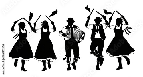 Traditional Folk Dance Group Silhouettes Performing Cultural Dance.