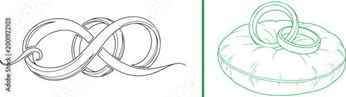 Wedding rings line art illustration set with infinity ribbon and pillow isolated on white background