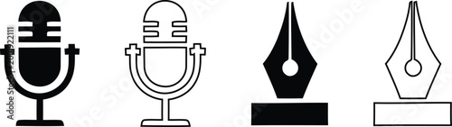 Four black and white microphone icons isolated on transparent background
