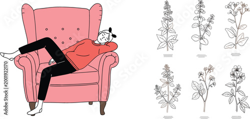 Woman relaxing on armchair with botanical herb sketches set hand drawn style vector illustration isolated on white background