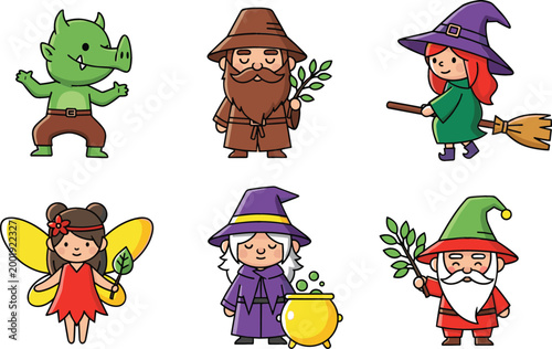 Fantasy characters set cute goblin druid witch fairy wizard and gnome magical creatures cartoon vector illustration collection