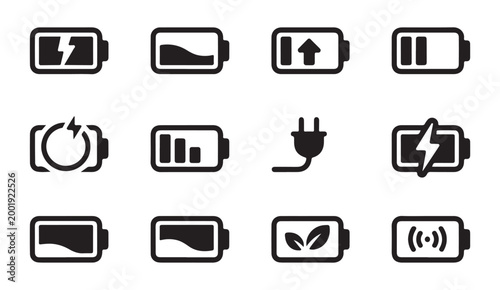 Set of various battery icons in horizontal orientation showing charging status and power levels design.