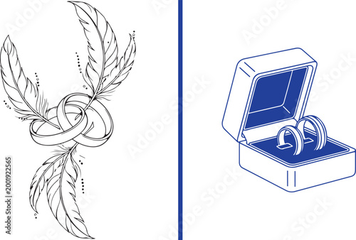 Set of wedding rings vector illustrations with feathers and jewelry box isolated on white background