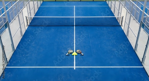 Padel Court Top View with Racket and Ball Sports Background