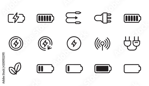 Schilderij op canvas Minimalist outline battery icons with wireless signal and charging symbols for modern interface ui