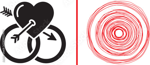 Black heart with arrow and interlocking rings icon next to red hand drawn scribble target isolated on white background