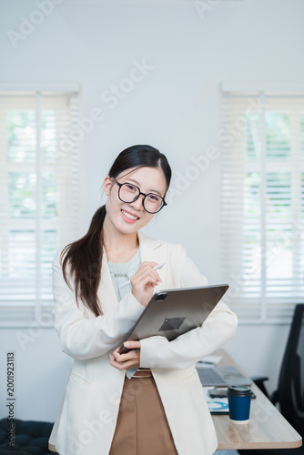 One Person Happy Asian Businesswoman Wearing Glasses Working In Office, Pretty Female Employee Using Modern Laptop