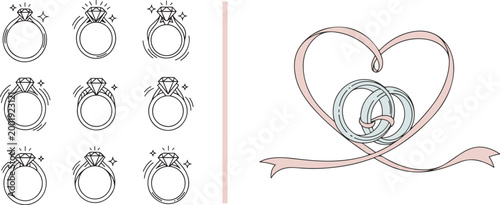 Set of diamond engagement ring icons and wedding bands with pink heart ribbon vector isolated on white background