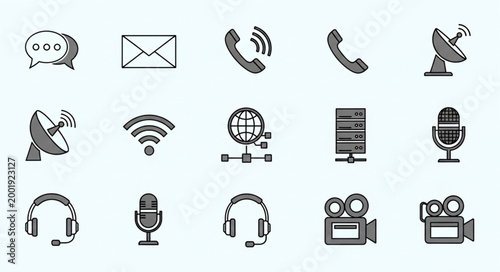 Collection of communication and technology icons on a light blue background.