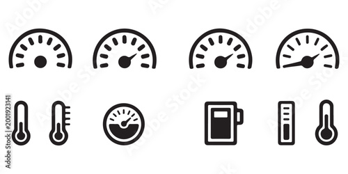 Car Dashboard Gauges and Thermometers Solid Icons Set