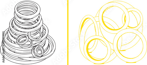 Stack and cluster of industrial O-ring gaskets and rubber seals line art illustration isolated on white background