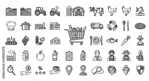 Collection of Hand Drawn Farm and Food Icons.