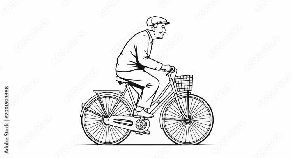 Obraz premium Elderly man in cap happily rides bicycle with basket