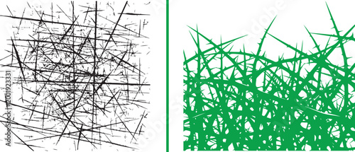 Set of black scratches and green thorny brambles vector illustration isolated on white background