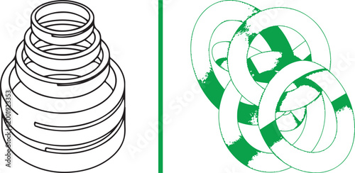 Technical vector illustration of mechanical seal rings and industrial gaskets isolated on white background