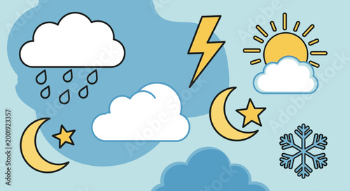 Weather icons depict cloud, rain, snow, sunny and moon phases in a graphic.