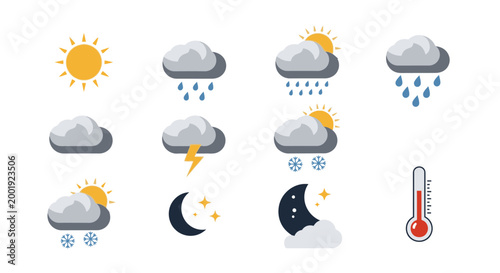 Various weather icons show cloud and weather conditions with thermometer