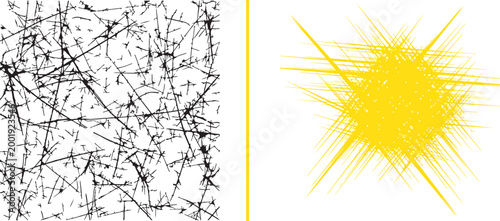 Abstract vector illustration of black chaotic scratches and yellow starburst lines isolated on white background