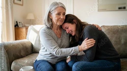A senior caucasian woman comforts a younger crying caucasian woman on a sofa, concept of emotional support, empathy, and family bond.