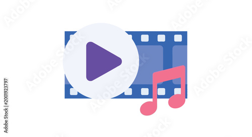 play button and music note icons on filmstrip background