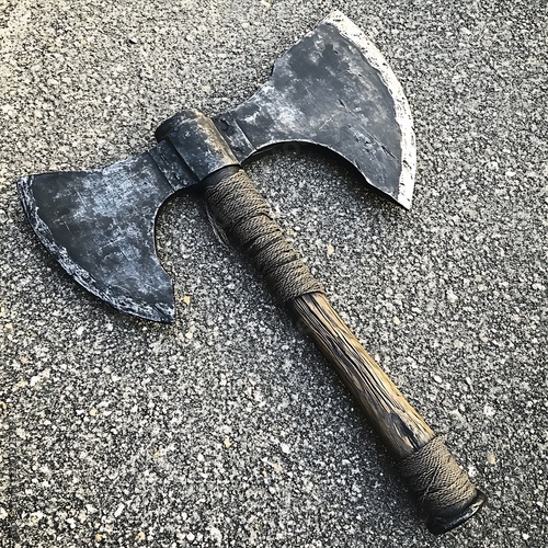 Rugged double-bladed axe lying on a weathered ground, showcasing its historic design.