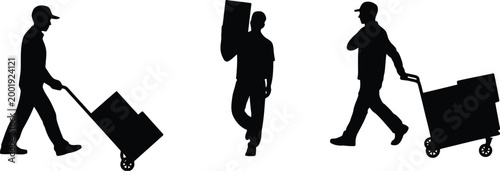 Foto Delivery worker silhouettes with boxes and carts illustration