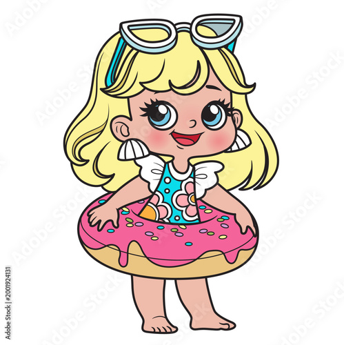 Cute cartoon girl in a swimsuit and with an donut inflatable ring for swimming color variation on white background