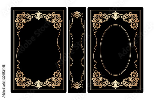 Vintage book covers design template classic ornament Royal Victorian style golden floral frames. Realistic old book ornate black cover luxury elegant gold elliptic border spine corner isolated vector
