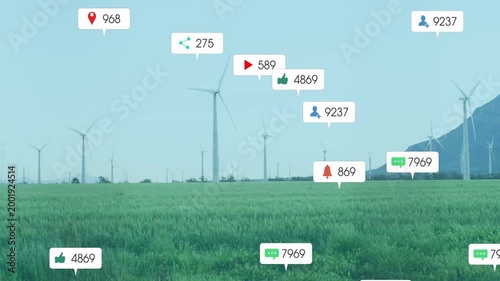 Wind farm scene showing badges appearing after ping, clustering and drifting to show engagement