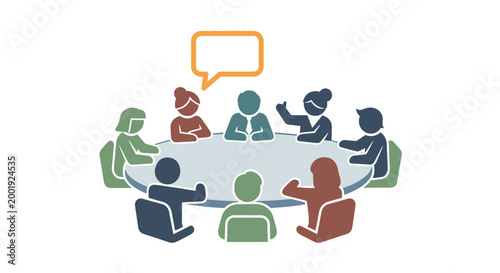 people meeting around table with speech bubble