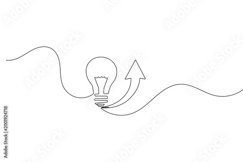 Light bulb and arrow icon continuous one line drawing in minimalist style with clean outline vector illustration design