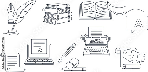 Writing and literature icons set vector illustration with quill pen books typewriter computer scroll.