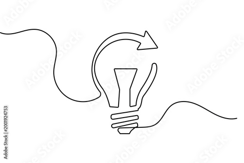 Light bulb and arrow icon continuous one line drawing in minimalist style with clean outline vector illustration design