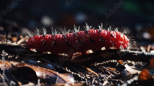 Macro Cinematic View of a Vibrant Red Caterpillar on a Branch
