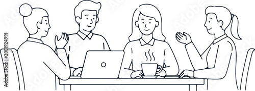 Business meeting vector illustration of diverse people collaborating around table with laptop and coffee.