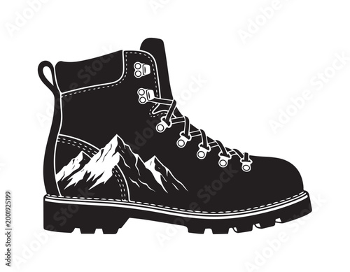 Black silhouette of a hiking boot adorned with a mountain range, perfect for outdoor adventure themes