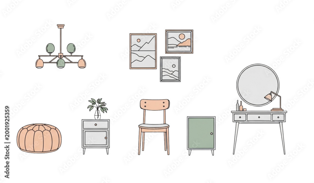 Fototapeta premium Modern home interior furniture vector set with sofa bed armchair and decor elements for room interior design