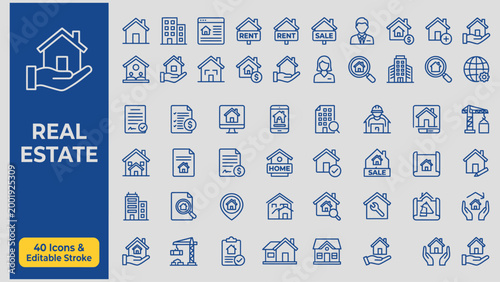 Real Estate web icons in line style. Rent, building, agent, house, auction, property, mortgage, home, realtor, collection. Editable stroke. Vector illustration.