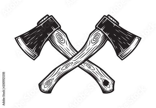 Two crossed axes with wooden handles, a symbol of strength and power, ideal for logos and design