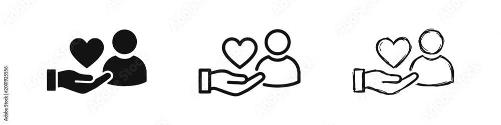 Obraz premium Customer Care and Support Icon Set - Hand Holding Heart with Person Social Responsibility Symbols