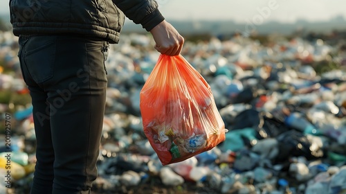 Person carrying waste bag in front of a massive landfill site
