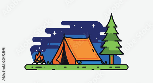 camping scene with tent fire and tree at night