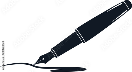 Elegant fountain pen with black ink flowing on white background, smooth writing.