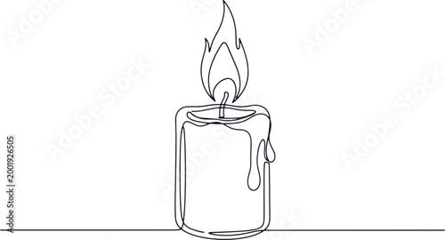 Single line drawing of burning candle with dripping wax and flame, minimalist art.