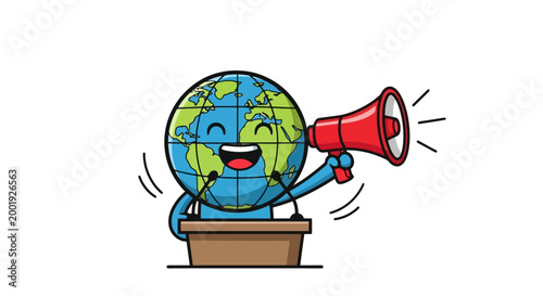 A cheerful cartoon Earth character giving a speech from a podium, holding a red megaphone to make an important announcement.