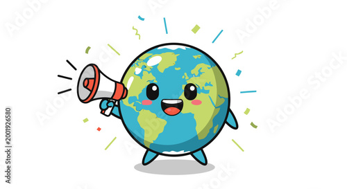 Cute cartoon Earth character holding a megaphone and making a global announcement with celebratory confetti around it.
