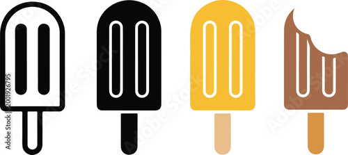 Popsicle ice cream bar vector icon set featuring frozen summer treats in colorful flat and black silhouette styles isolated on white background.